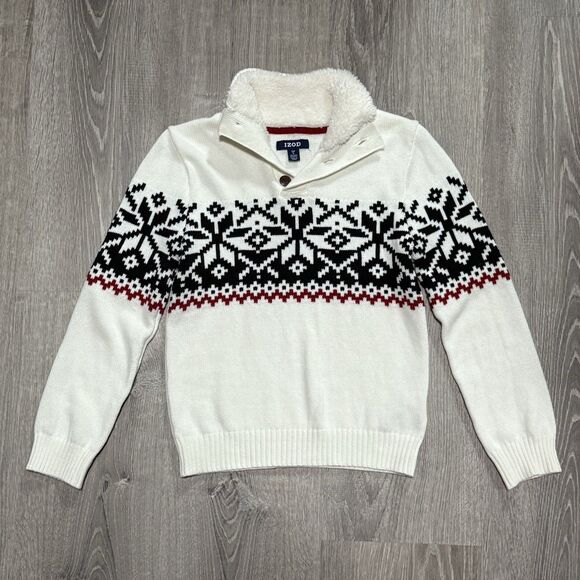 IZOD Boys Sweater Pullover Size 8 Nordic Fair Isle Knit Ivory Great Condition - Picture 1 of 6